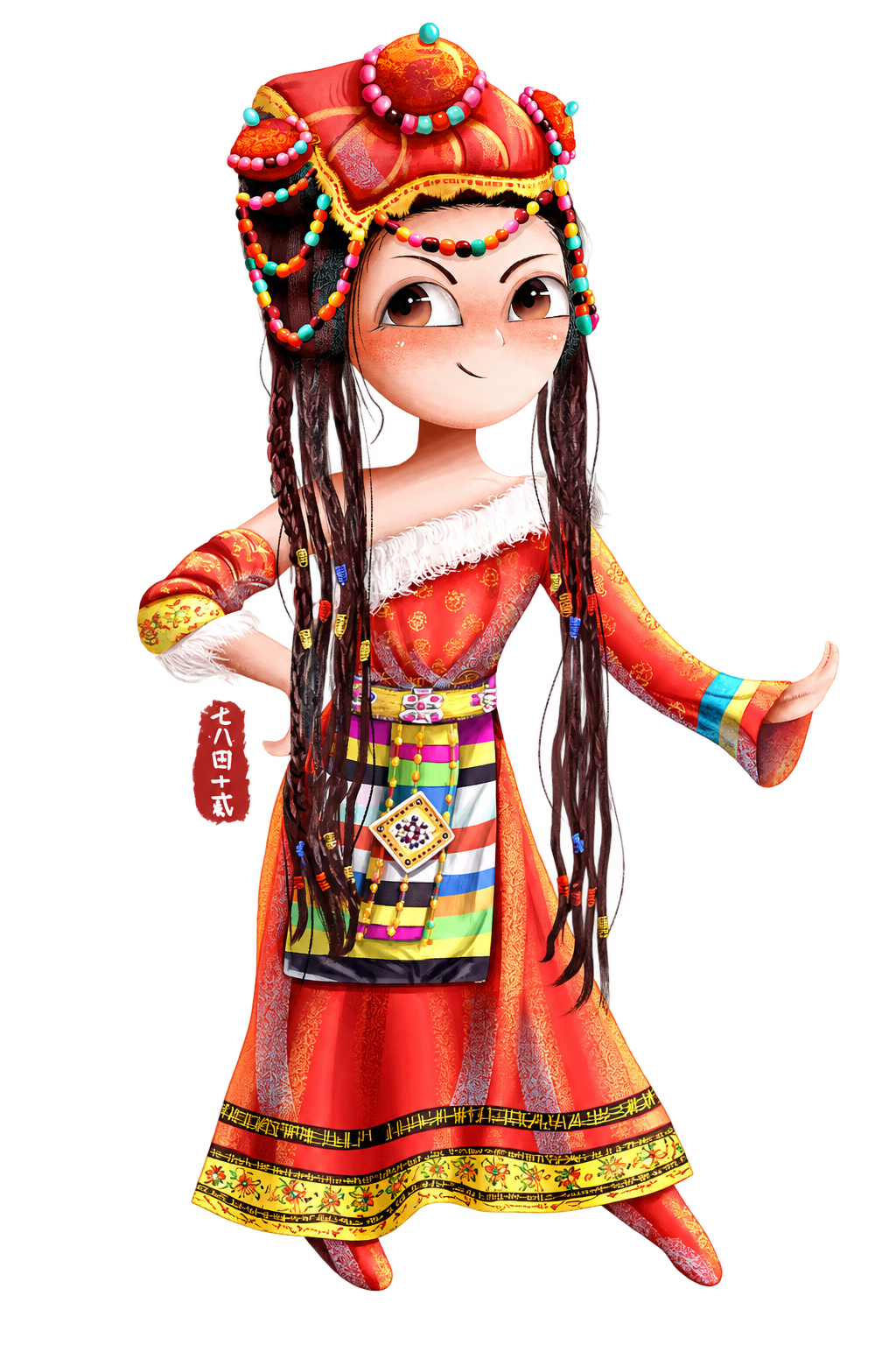 DannieMe mascot in a colourful red heritage-inspired outfit